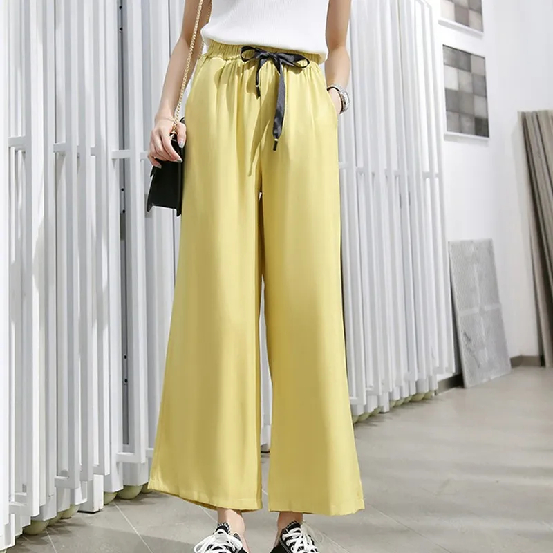 

Summer Plus Size Solid Color Trousers Women Pockets Wide Led Drawstring Ankle-Length Pants Women Casual Loose Female Streetwear