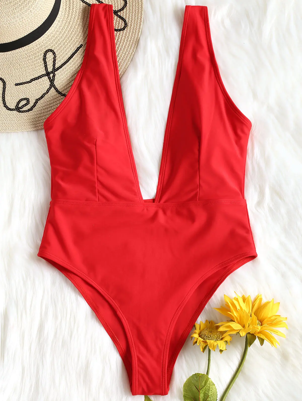 Smlxl Sexy Swimsuit Plunging Neck High Leg One Piece Swimwear