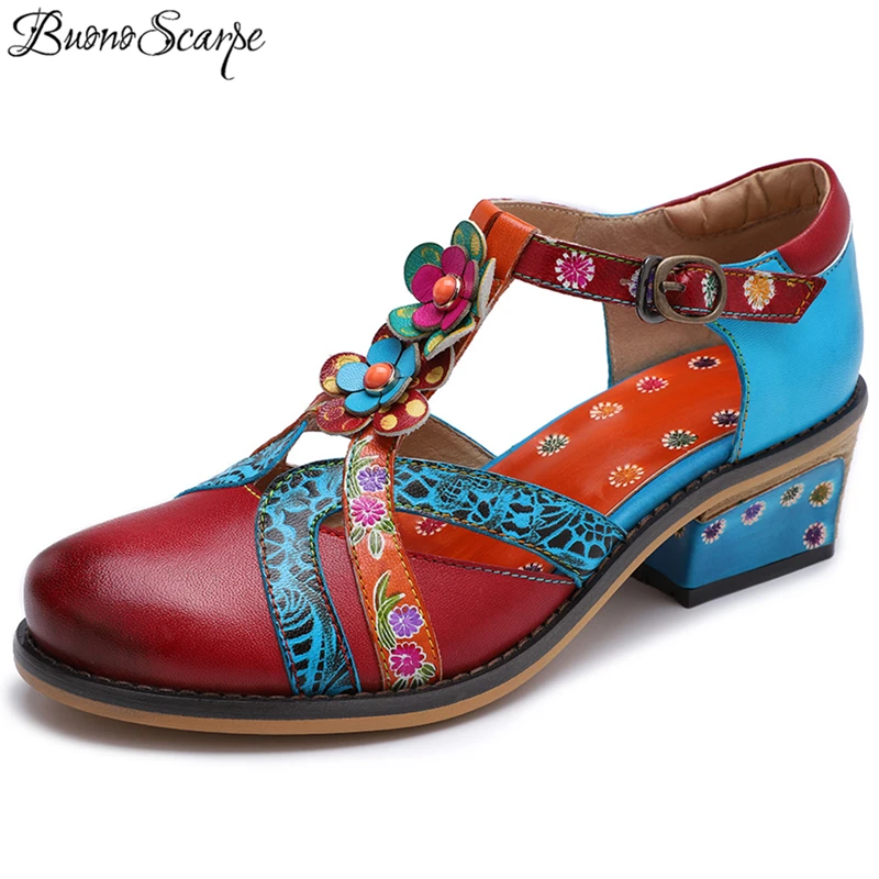 Flores Patchwork Bombas Mano Verano Hebilla Bohemio Decoración De Metal Red A Sexy Real Hecho Tacones Hueco Cuero 2019 Zapatos OpqRnnx