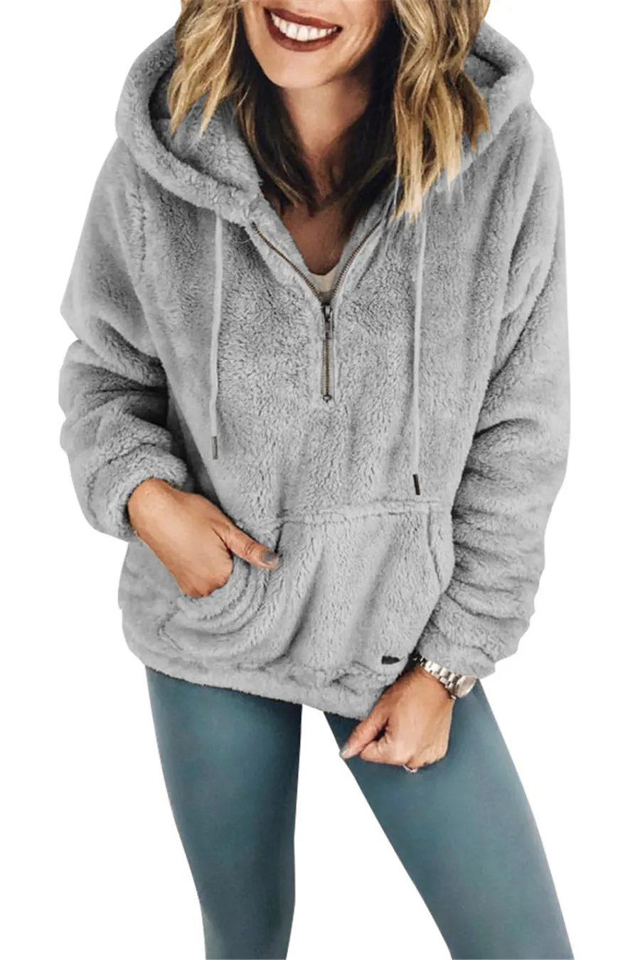 Gladiolus 2018 Faux Fur Autumn Winter Coat Women Long Sleeve Loose Pocket Zipper Casual Hooded Warm Fake Fur Women Jacket Coats  (13)