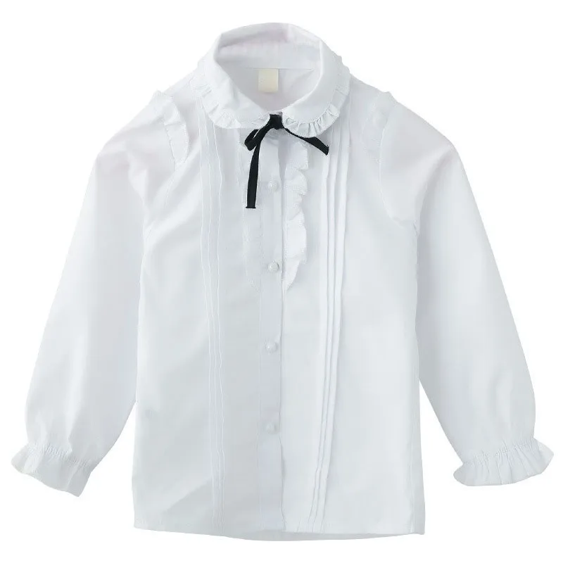 Школьная одежда; Осенняя блузка для девочек-подростков; белые рубашки из хлопка; блузки с длинными рукавами для девочек; воротник «Питер Пэн» - Color: White