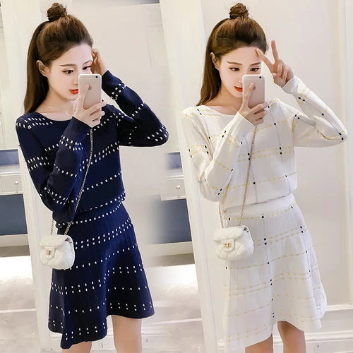Best Offers 2018 Real New Autumn Pullover Casual Three Quarter O-neck Regular Polka Dot Sweater + Temperament Knitting Skirt Two-piece Suit Best Offers 2018 Real New Autumn Pullover Casual Three Quarter O-neck Regular Polka Dot Sweater + Temperament Knitting Skirt Two-piece Suit