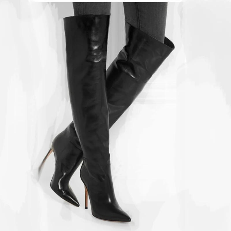 2019 En Rodilla Elegante La Sobre Cuero Invierno Tacones El Gran Black Mujeres De Sexy Las Moda Negro Botas Tamaño Punta 68wXaq1x