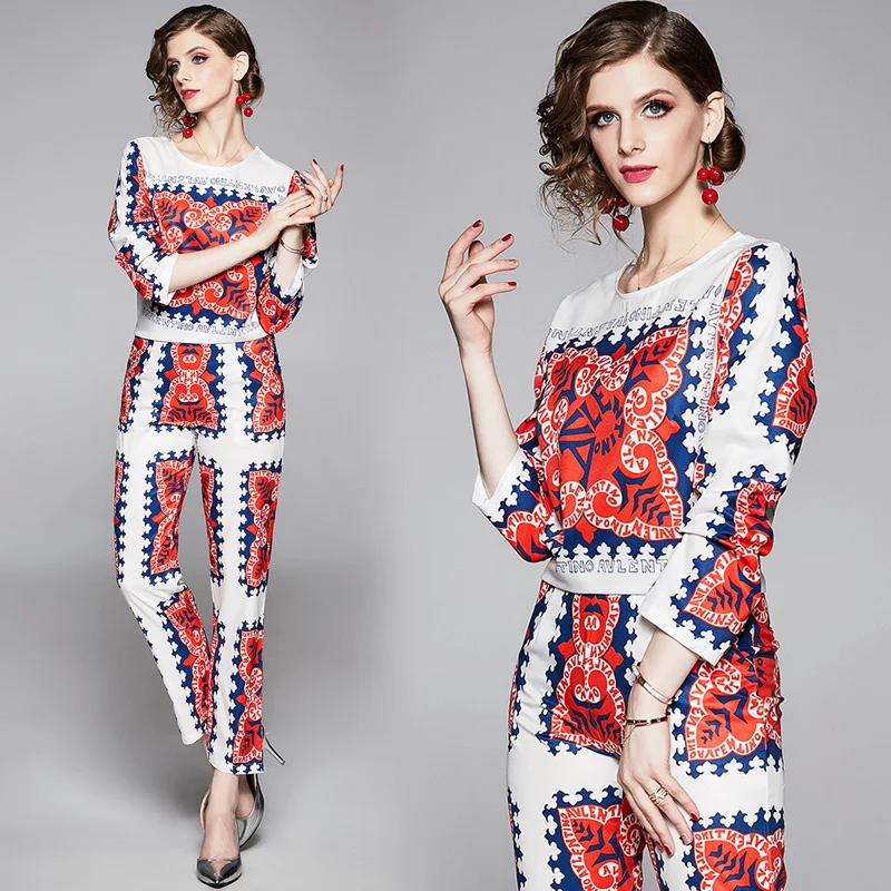 

2019 Spring Summer Fall Runway 2 Piece Womens Sets Retro Vintage Leopard Print Collar Long Sleeve Top Shirt Pant Suits Outfits