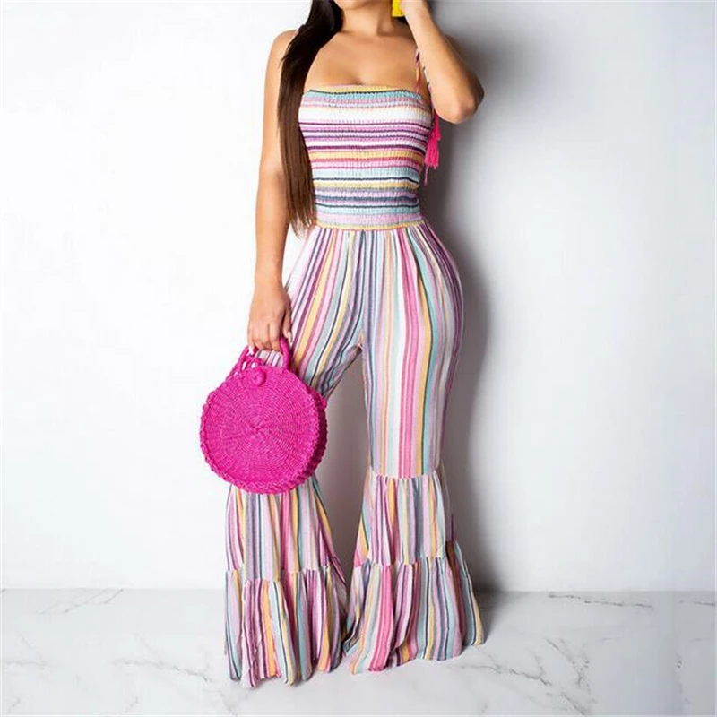 

Women Jumpsuit Fashion Striped Sleeveless Playsuit Clubwear Summer Playsuit Party Jumpsuit Ruffle Romper Bell-bottom Trousers