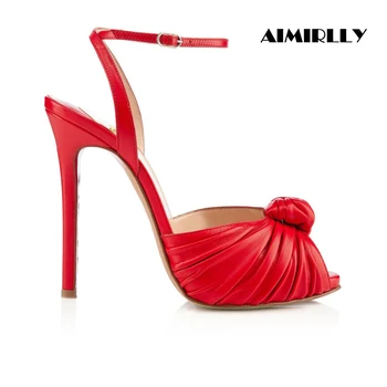 

Shoes Women Peep Toe High Heels Sandals Bow Wrinkle Ankle Strap Stilettos Red Ladies Wedding Party Dress Shoes Fashion