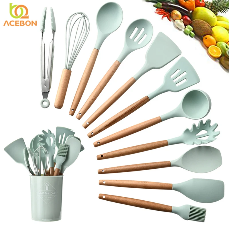 

Silicone Non-stick Cooking Tools Kitchen Utensil Kitchenware With Natural Wooden Handle Nonstick Cookware Accessories Supplies
