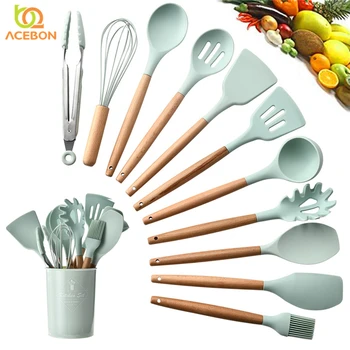 

Silicone Non-stick Cooking Tools Kitchen Utensil Kitchenware With Natural Wooden Handle Nonstick Cookware Accessories Supplies
