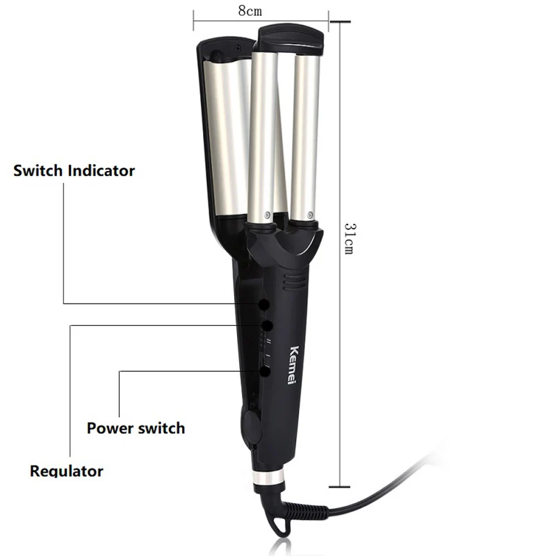 Kemei Hair Styler Professional Big Wave Curling Iron Wand Ceramic 3 Barrels Egg Rolls Hair Curlers Wave Iron Volume Styling Tool