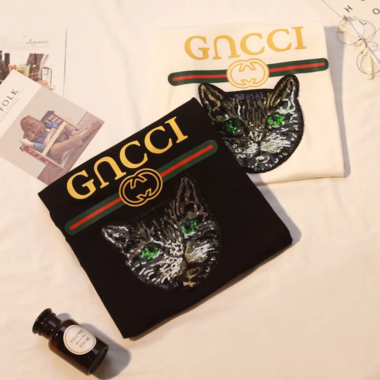 

Mother Short Sleeve Female 2019 New T-shirt Female Xia Han Edition Loose Student Baitao Medium and Long Letter Sequined Cat T-sh
