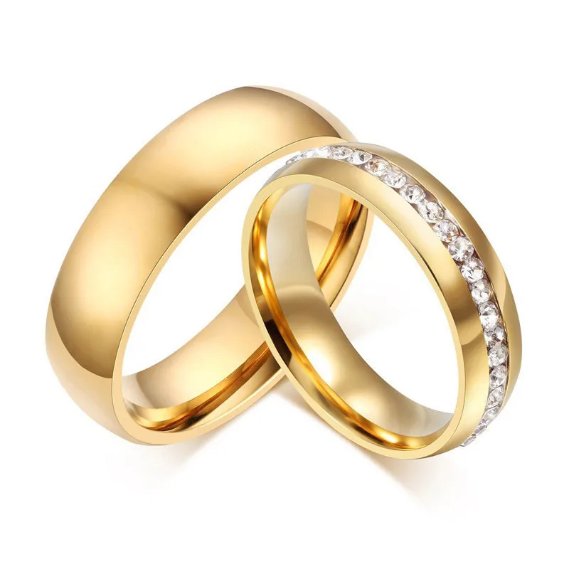 Modyle 2019 New Fashion Gold color Stainless Steel Wedding Bands Shiny Crystal Ring for Female Male Jewelry 6mm Engagement Ring
