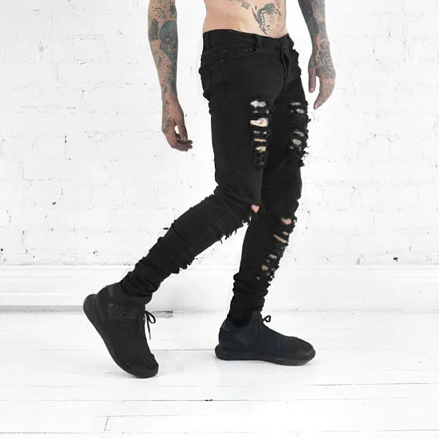 Новинка Rap размера плюс представляет одежду дизайнерские брюки черные рваные мужские тонкие джинсовые прямые байкерские обтягивающие джинсы мужские рваные джинсы