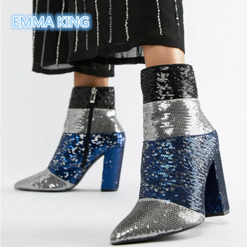 

spring mixed colors bling ankle booties women pointed toe chunky high heels fashion Martin boots side zipper sequin shoes woman