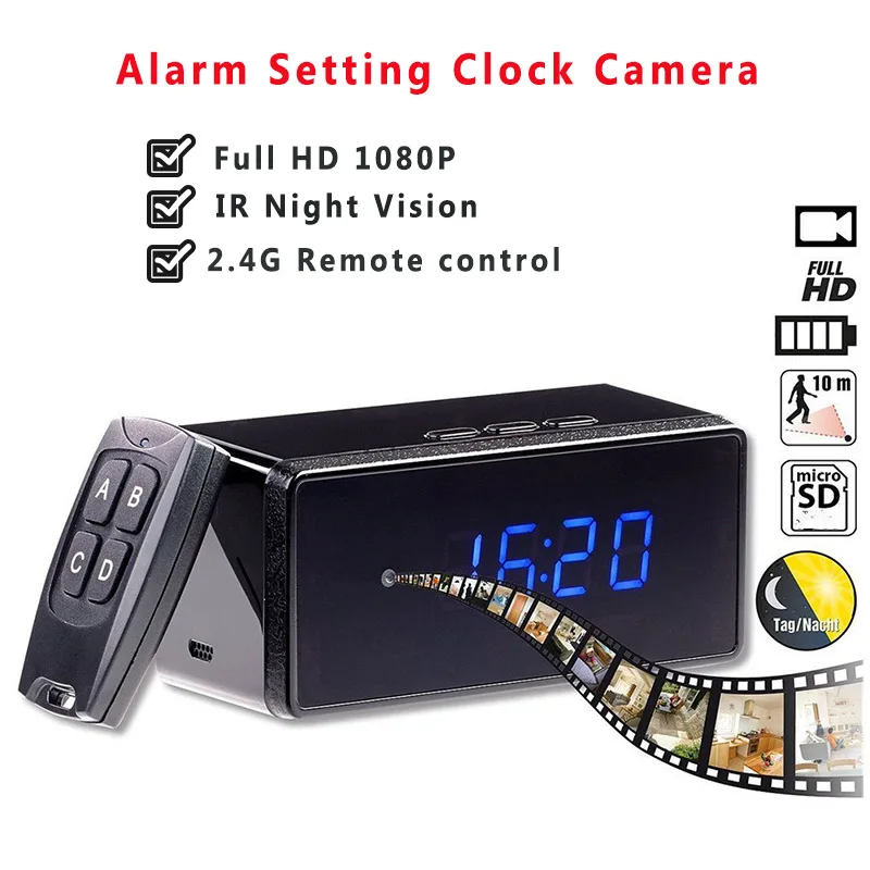 Remote Control Mini Camera Full HD 1080P Clock Camera Alarm Setting IR Night Vision Table Clock