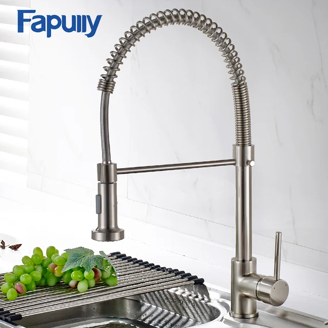 Best Offers Fapully Spring Brushed Nickel Kitchen Faucet Pull Out Water Tap Rotate Swivel 2 Outlet Kitchen Mixer Faucet 189-33N