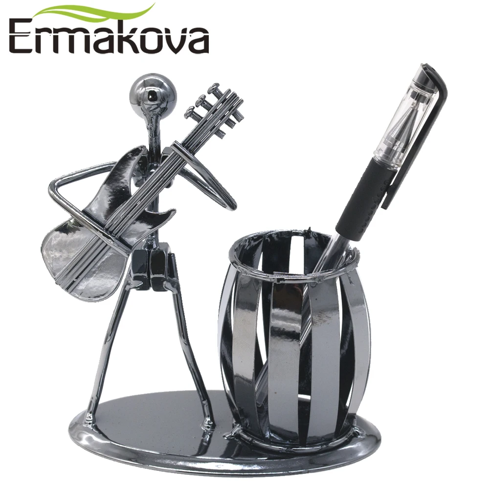 

ERMAKOVA Metal Music Band Retro Electric Guitar Musician Figure Model Iron Man Brush Pot Pen Container Pen holder Office Decor