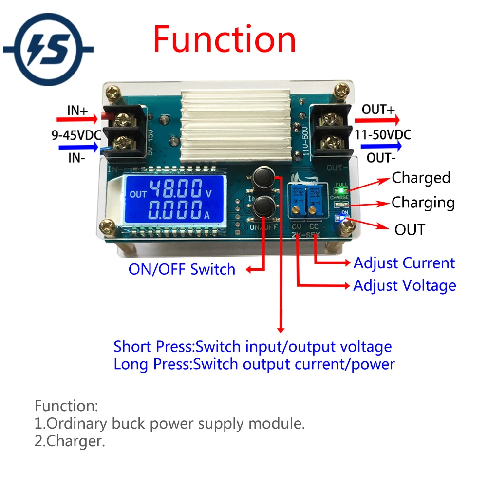 Step Up Питание повышающий преобразователь постоянного тока модуля Регулируемый адаптер CVCC ЖК-дисплей Дисплей DC-DC 10В-с алюминиевой крышкой, 50В 5A постоянного Напряжение ток