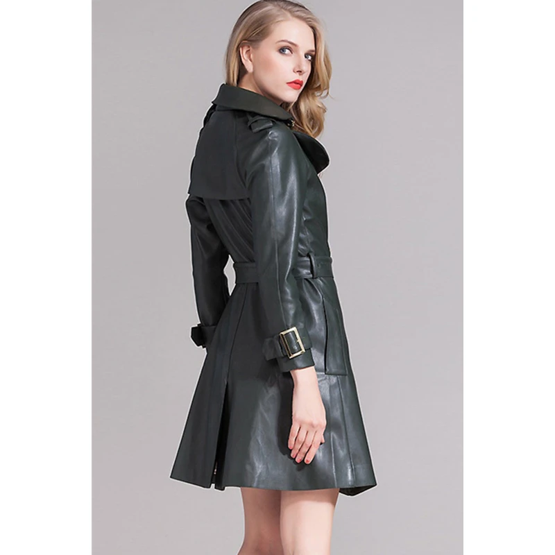 2018 New Autumn Leather Overcoat Women's Outfit Raglan Sleeves Double Breasted Leather Trench Coat Office Lady Winter Outwear OL Coats