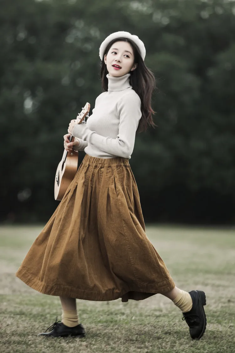 Mori Girl осень зима Вельветовая плиссированная трапециевидная винтажная юбка миди