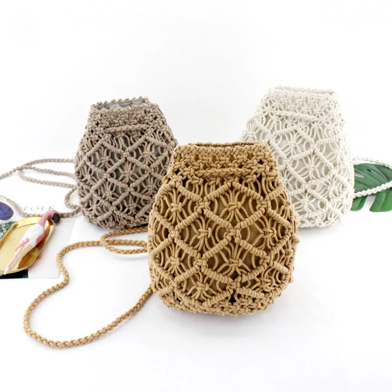 Vintage Woven backpack cotton rope bucket small straw bag vacation travel mini fresh backpack hand-woven bags 4