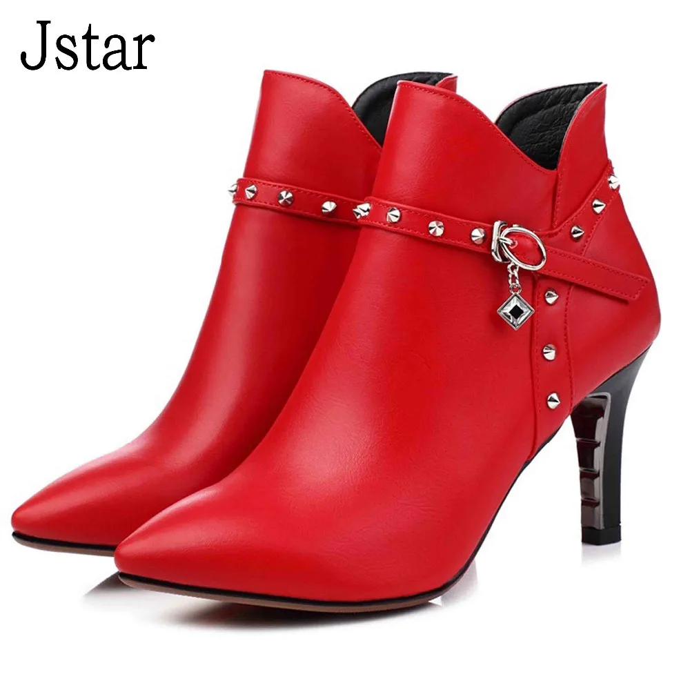 

Women Ankle Boots High Heels 2016 Fashion Red Shoes Woman Platform Flock Buckle Winter Boots Ladies Shoes Female Botas Femininas