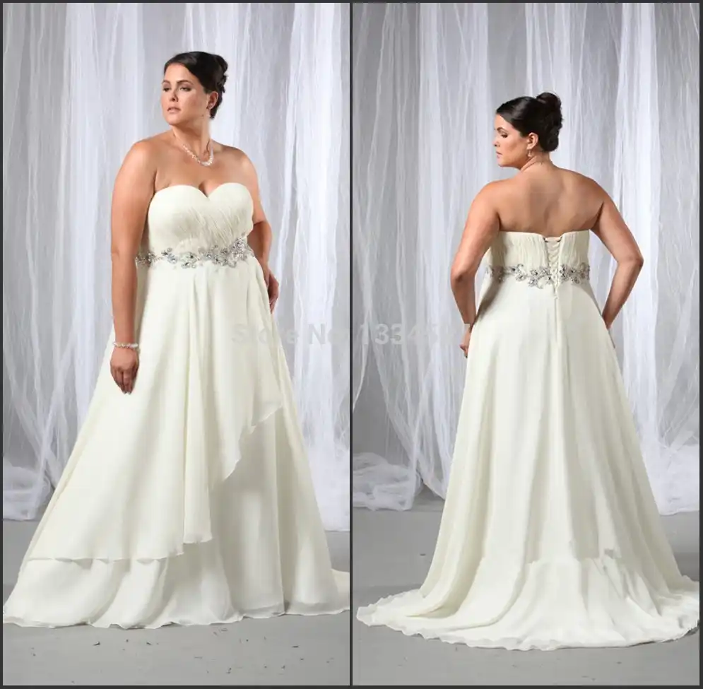 2019 Sexy Sweetheart Beading Belt A Line Chiffon Ivory Plus Size