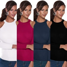 Sexy Lady Off Shoulder Halter Solid Color Slim Long Sleeve Autumn T-shirt Top
