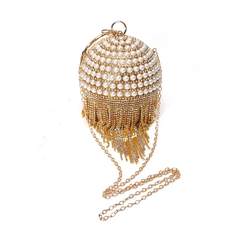 Luxy Moon Gold Round Pearl Glitter Clutch Bag with Chain Front View