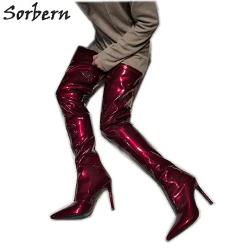 

Sorbern Patent Wine Red Custom Wide Fit Boots Women Pointed Toe Shoe Ladies 12Cm High Heel Stilettos Black Strap Front Booty