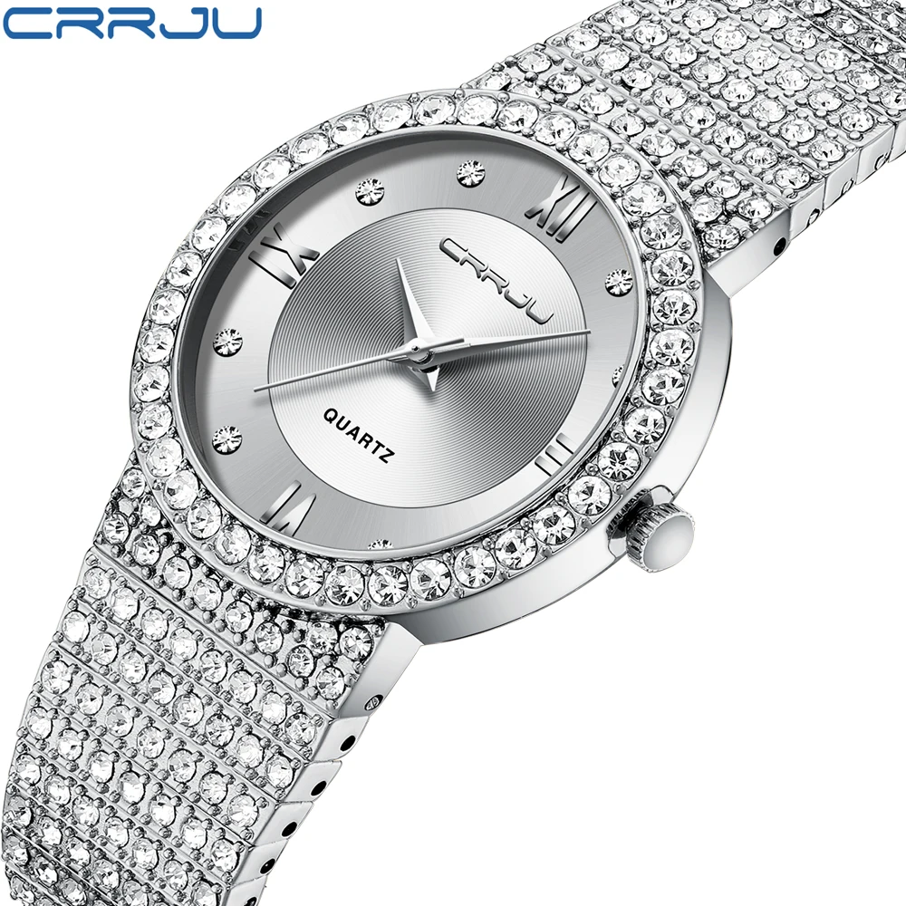 

CRRJU Top Brand Quartz Ladies Fashion Wrist Watches Diamond Silver Stainless Steel Women Luxury Wristwatch Girls Female