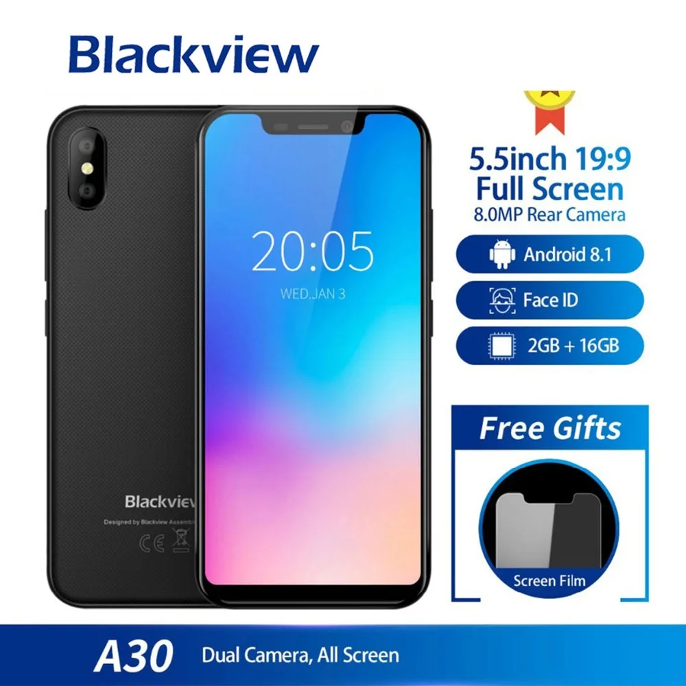 

Blackview A30 Smartphone 5.5inch 19:9 Full Screen Mtk6580a Quad Core 2gb+16gb Android 8.1 Dual Sim 3g Face Id Mobile Phone