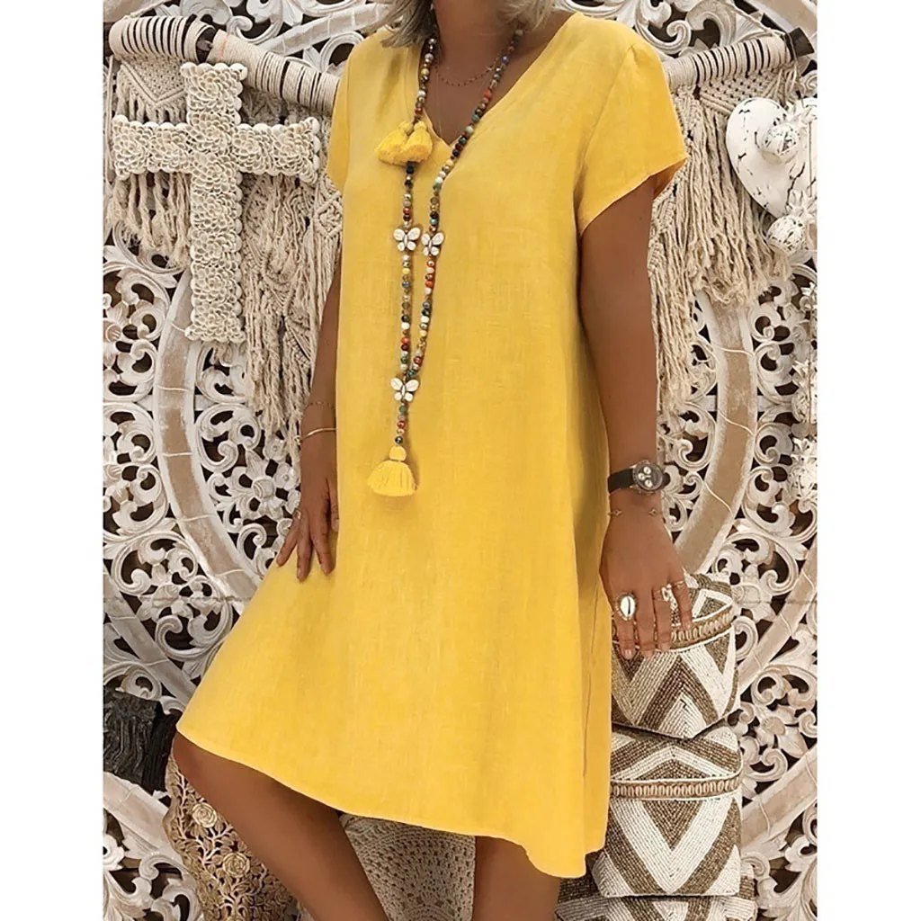 JAYCOSIN Spring New Casual V-Neck Cotton and Linen Dress Women Summer Style Cotton Casual Plus Size Ladies Dress 2020