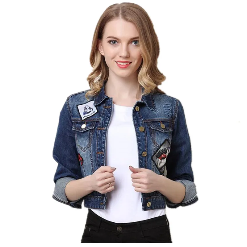 Short Denim Jacket Women Casual Blue Slim Pockets Button Single