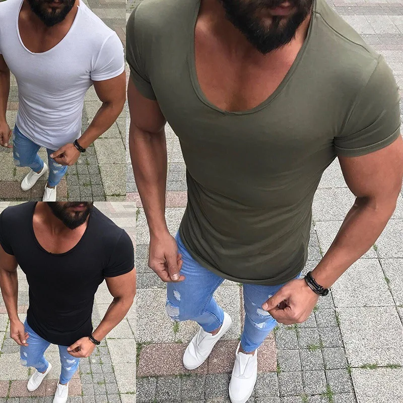 Men short sleeve t shirt low neck Skinny fitness tshirt Slim Fit t