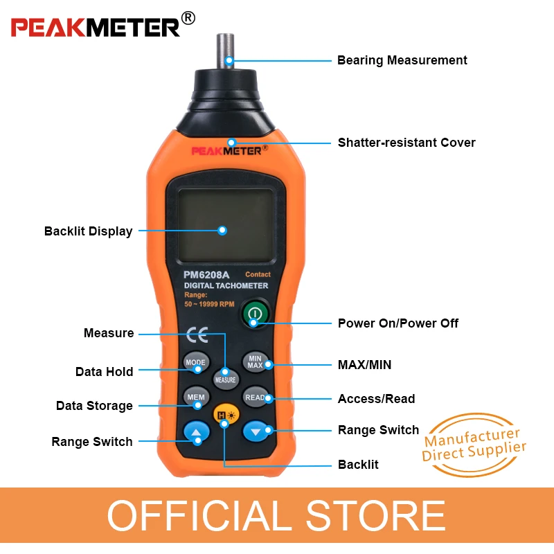 Официальный PEAKMETER PM6208A высокое качество контактного типа цифровой тахометр Высокая производительность 50-19999 ОБ/мин Макс