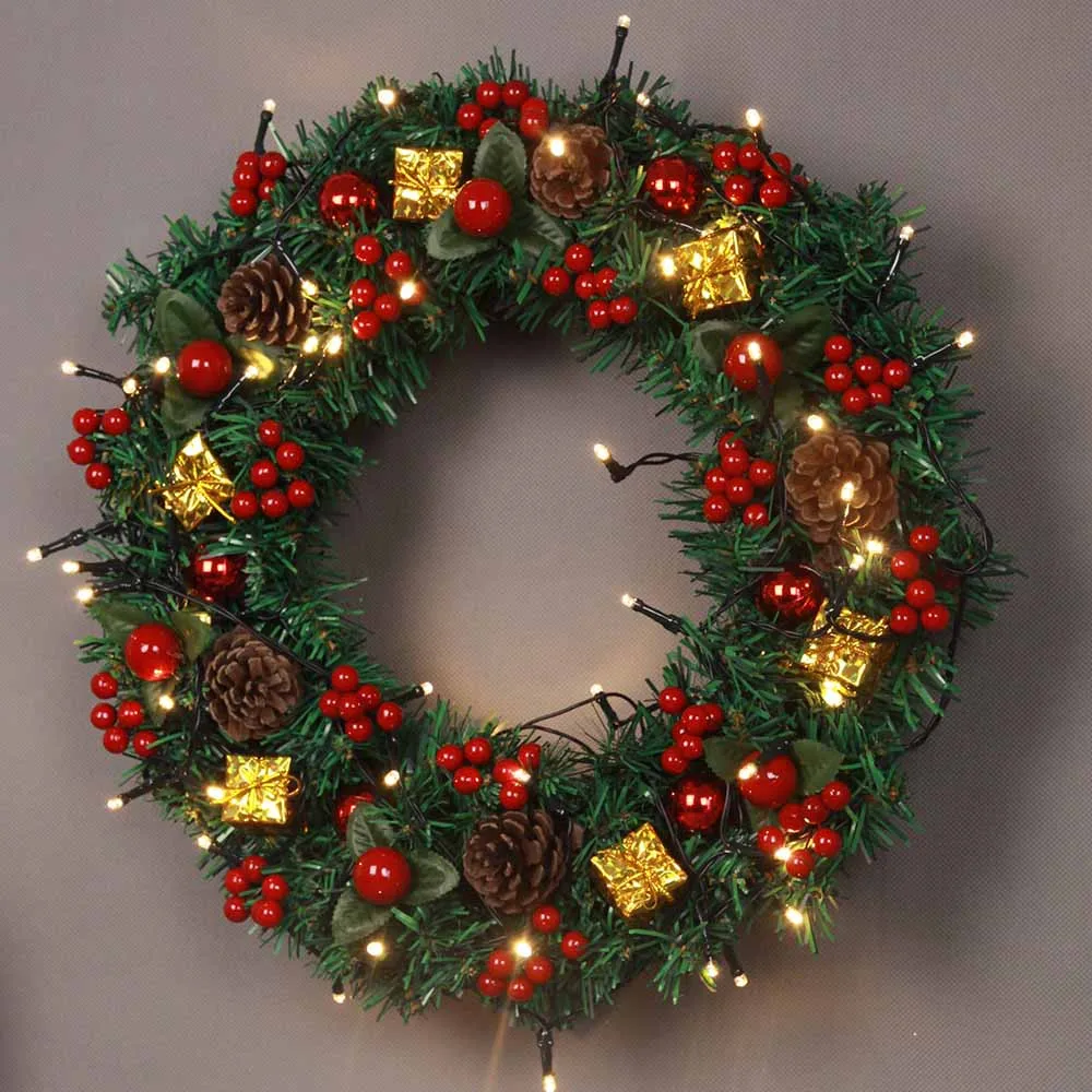 40 см Рождественский венок, украшение двери, искусственный пенопластовый ягодный венок с натуральным сосновым конусом, Настенный декор, венок, 18Oct