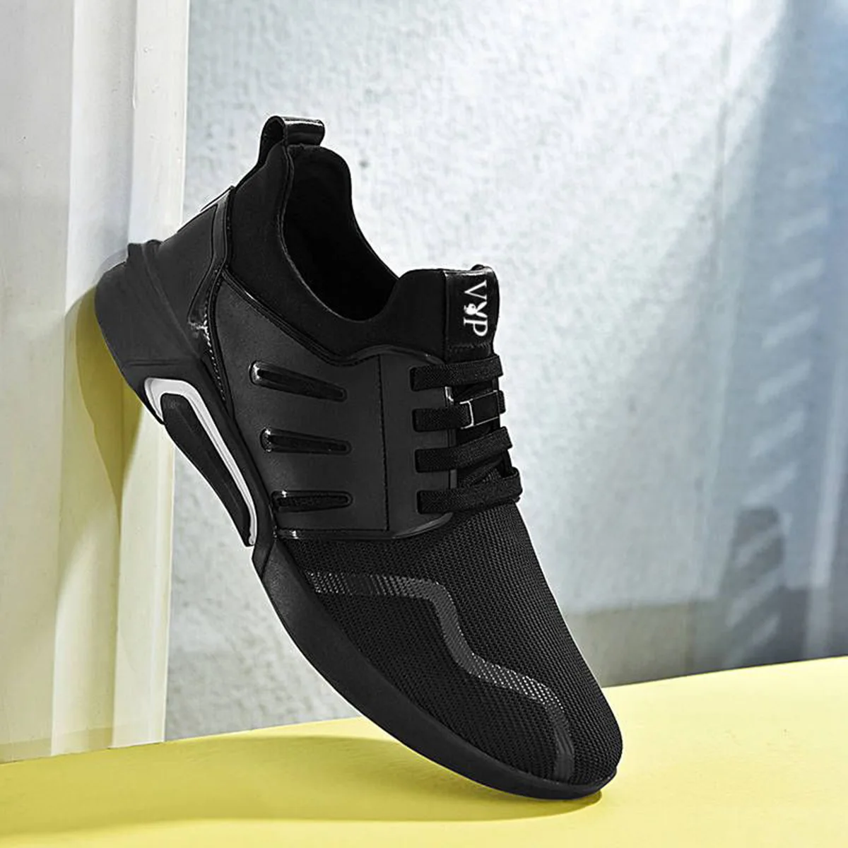 Wedges Sneakers Men Vulcanized Shoes Stripe Breathable Air Mesh Mans Shallow Comfortable Walking Shoes Lace-Up Black