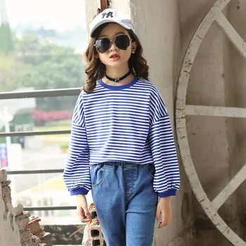 

3-14T Kids T-shirts Spring New girls long-sleeved T-shirt bottoming blouse cotton girls boy stripes tops