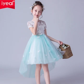 

IYEAL High Low Flower Girl Dresses for Wedding Lace Appliques Short Sleeve Girls Pageant Gowns Children Birthday Party Dress