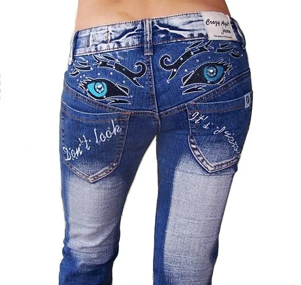 FREE SHIPPING SUPER LOWRISE SEXY CRAZY AGE EYES EMBROIDERED BLUE JEANS