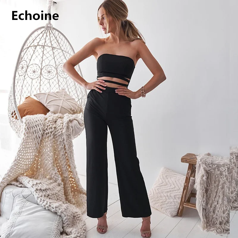 

Woman Sexy Bodycon Jumpsuit Skinny Strapless Romper Jumpsuit Hollow Out Rompers Elegant Wide Leg PantsOL Jumpsuit Club Outfit
