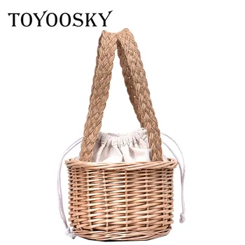 

TOYOOSKY Korean Style Straw Bag Women Summer Rattan Bucket Bag Handmade Woven Beach Bohemia Basket Handbag New Fashion Tote