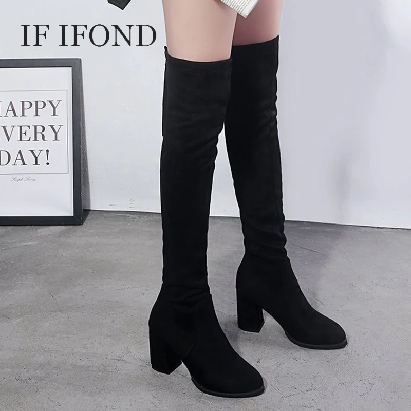 

Winter Boots Women Suede High Heel Over The Knee Boots Woman Fashion Zipper Pointed Square Heel Platform Boots Womens Shoes