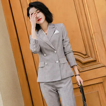 

Women 2 Piece Set Plaid Blazer Jacket Business Formal Suit British Office Lady Suits for Women 2018 Winter Long Pant Suits S-4XL