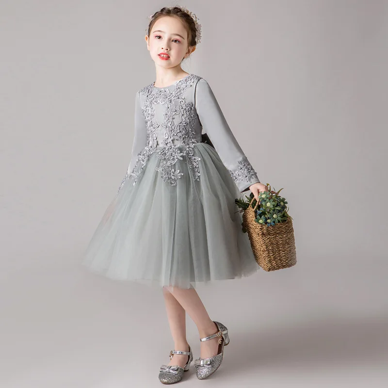 JaneyGao/Платья с цветочным узором для девочек на свадьбу и вечеринку, с длинными рукавами, платье принцессы для девочек Новое Стильное элегантное торжественное платье в Корейском стиле для девочек - Цвет: Серый