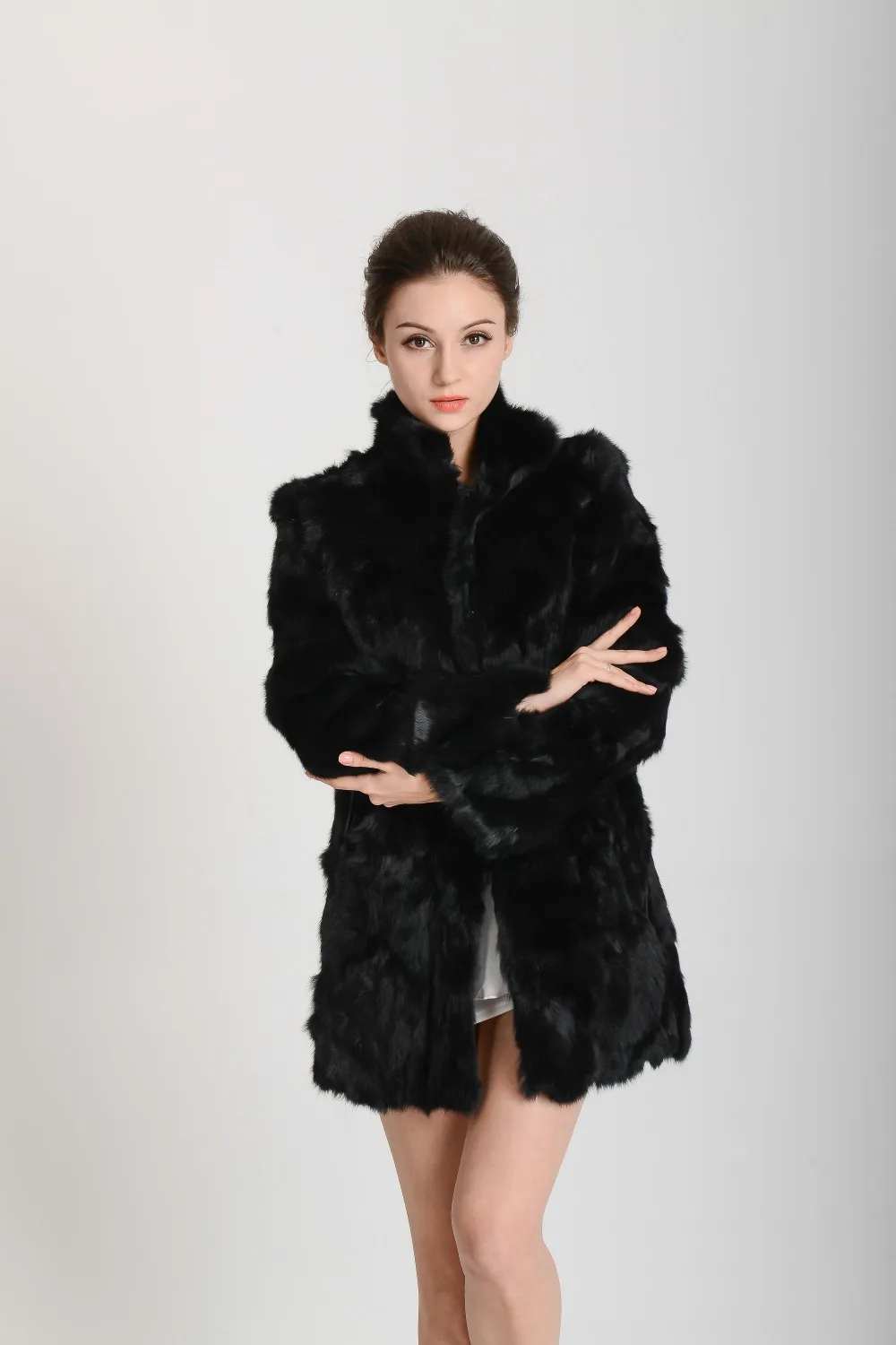 Новинка, женское модное пальто из натурального кроличьего меха, меховое пальто с воротником "Мандарин", длинная куртка на заказ,, KHP147