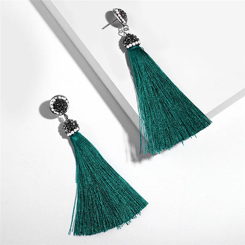 

Vintage Bohemian Crystal Long Silk Tassel Earring Women Rhinestone Charm Stainless Steel Dangle Drop Earring For Wedding B2