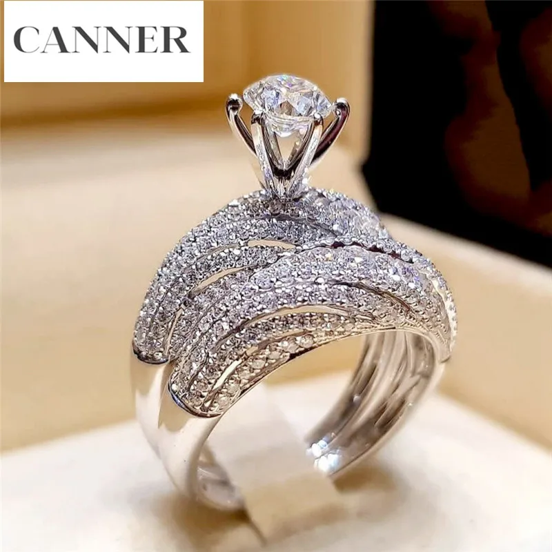 

CANNER Fashion Luxury Crystal Zircon Micro Pave Ring Set Boho 925 Silver Wedding Bridal Promise Engagement Rings For Women R4