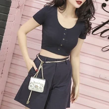 Летние эфирные тип с резьбой хлопок короткий тройник для женщин стрейч тканевые пуговицы Топ Slim Fit