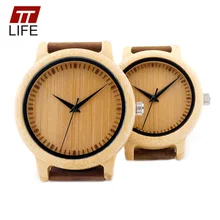 TTLIFE Handcrafted Lovers Wood Watch Minimalist Japanese Quartz Movement Men Women Leather Strap Bamboo Watches With Box Package